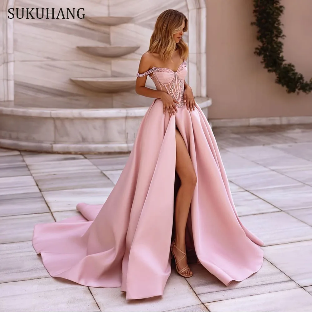 

SUKUHANG Off the Shoulder Pink Evening Dresses Sexy Split Gown with Beaded Party Women Dresses Customized