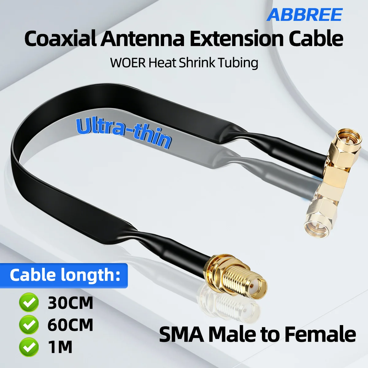 ABBREE Flat Window Door Pass‑Through RF Coaxial Cable SMA Male to Female Extension Drill‑Free for Helium Miner LoRaWAN Antenna