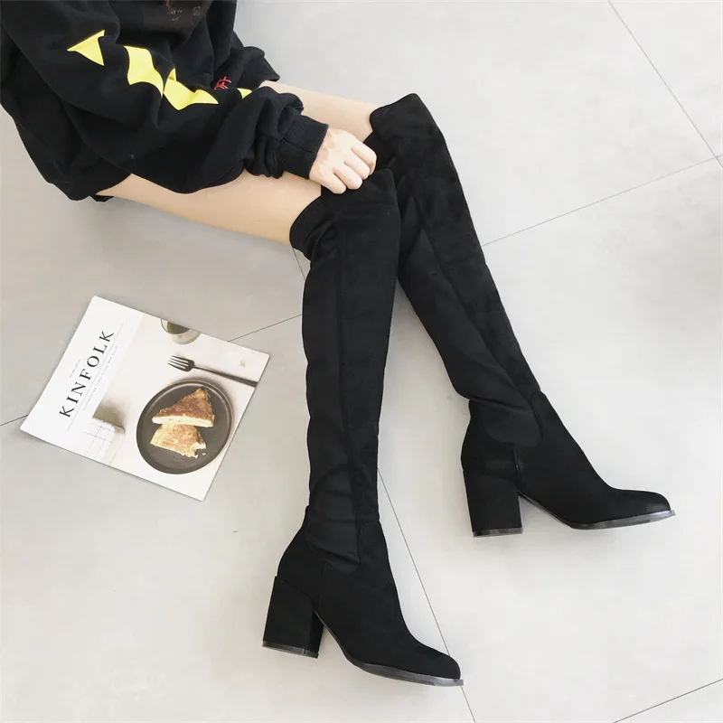 Black Knee High Boots Women Suede Round Toe Chunky Shoes Fall Plus Size 43 Long Boots Lelastic Force Over The Knee Botas Mujer