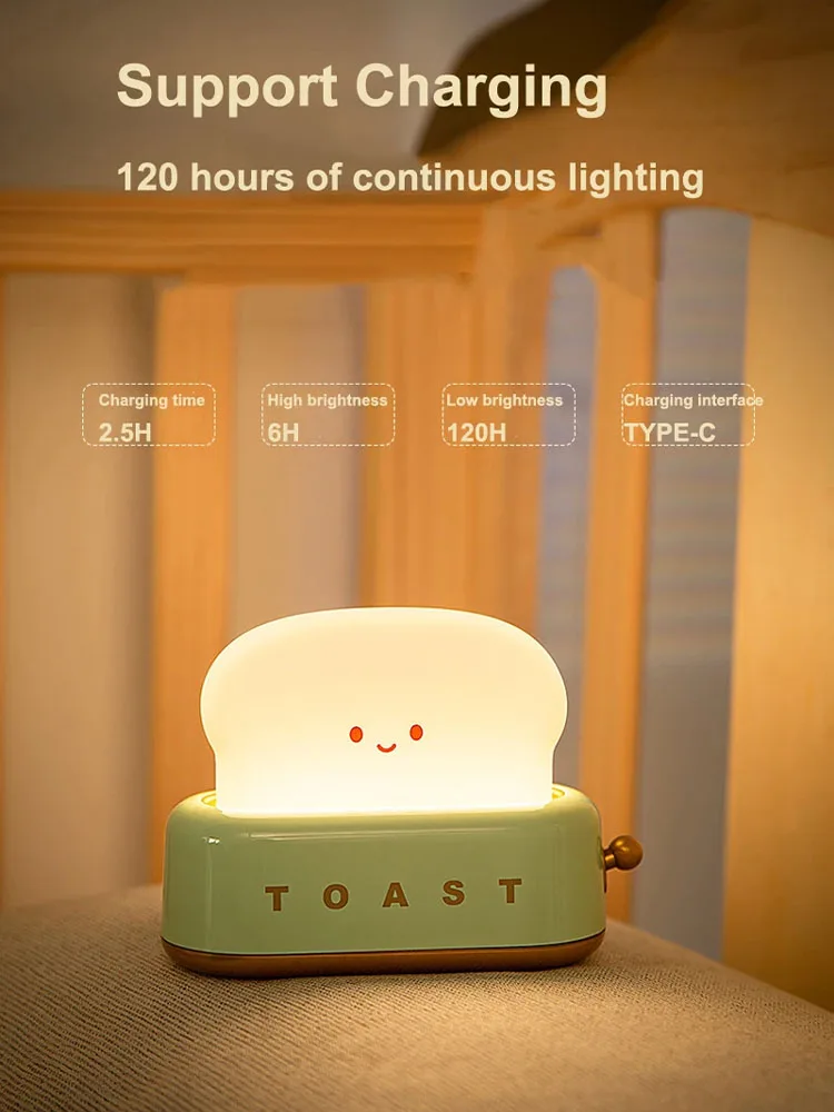 Wiederaufladbare LED-Nachtlichtlampe – kreative Brot-Toast-Tischdekoration, dimmbare Nachttischlampe für Baby- und Kinderzimmer, Kinderzimmer, Geschenk