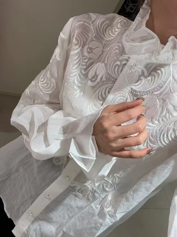 

Новая китайская женская блузка из льна с тяжелой вышивкой, весна-лето, рукава-фонарики, воротник-стойка, винтажный стиль, для повседневной носки...