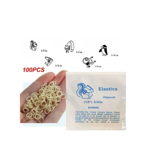 100 unids/bolsa elásticos de ortodoncia Dental bandas de goma de látex 1/4 1/8 3/8 3/16 5/16 3,5 OZ 5,0 OZ 6,5 OZ uso para soportes