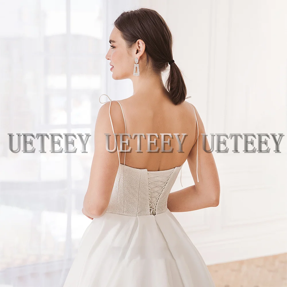 Ueteey elegant a-line vestido de casamento cinta de espaguete sem mangas rendas até atrás varredura trem vestidos de noiva starpless 2022