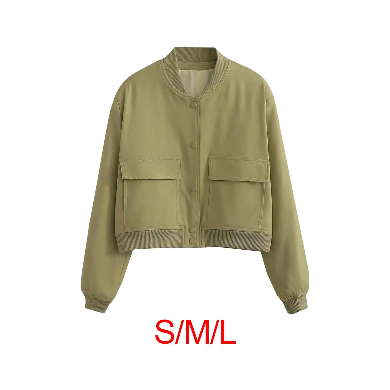 Short Snap Button Jacket for Women Lightweight Collarless Cropped Coat with Pockets Casual Spring Streetwear