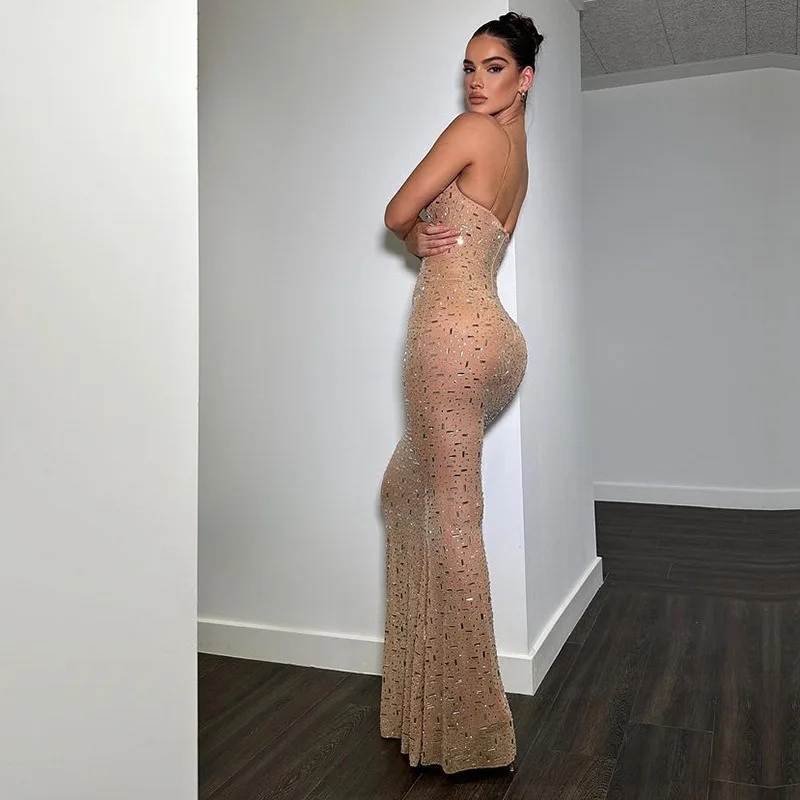 SxerxeS femmes Spaghetti sangle strass taille haute minceur moulante fête Sexy chaud Net pure sirène robe de soirée