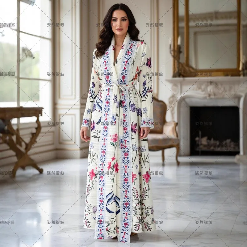 

Abaya Middle Eastern Long Robe Women Wear Miyake Pleated Print Trench Coat Long Sleeve Modest Conservative Elegant Clothes 57in