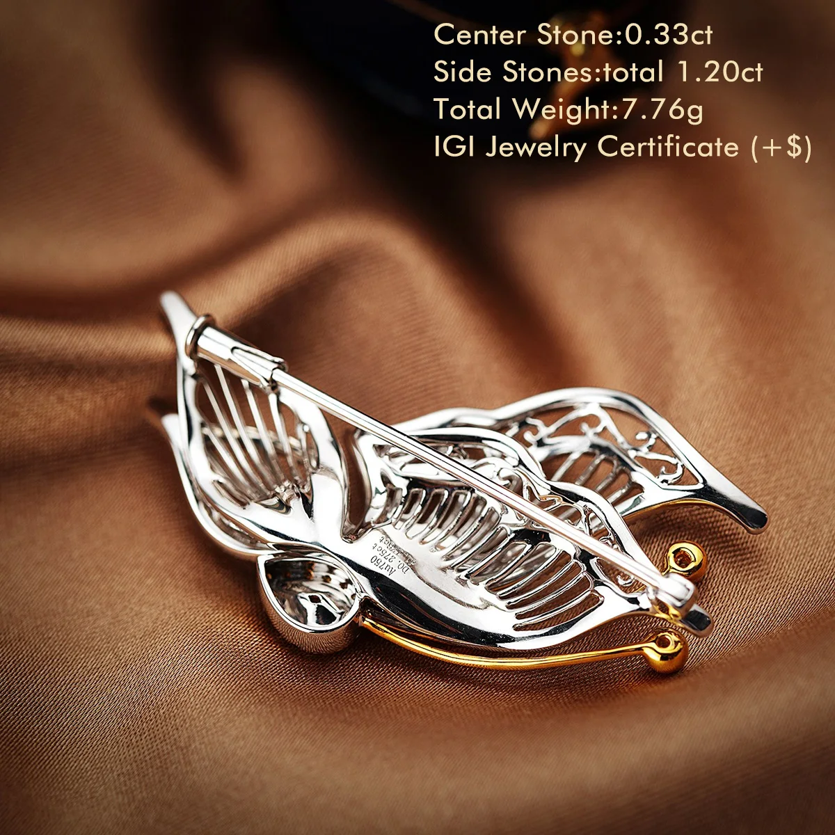 Center Stone Yellow Pear Cut Natural Diamond Brooch 18K White Gold Butterfly Shaped Openwork Brooch Gift For Women