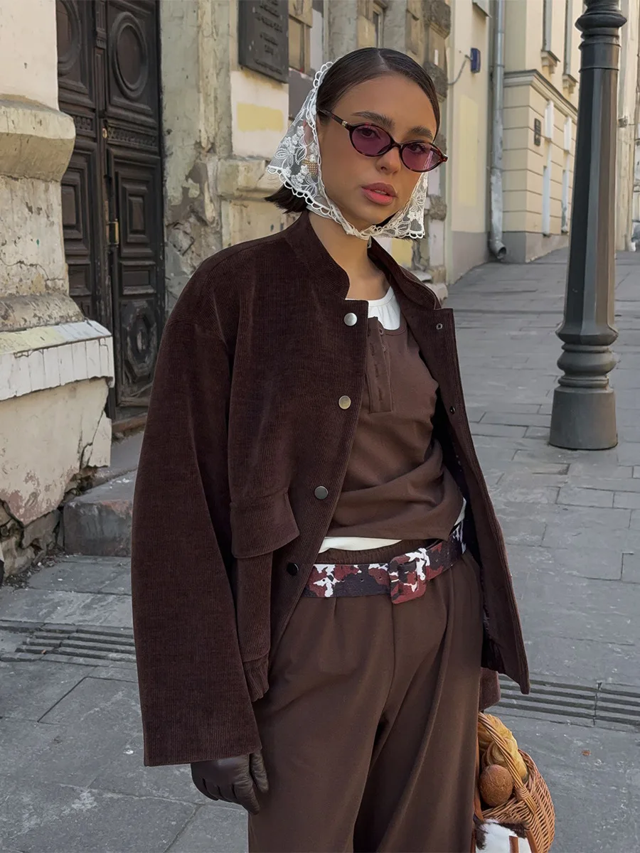 Blubelle Women's New Autumn 2025 Brown Corduroy Jacket Stand Collar Trendy Loose Fit Single - Breasted Long Sleeve Fashion