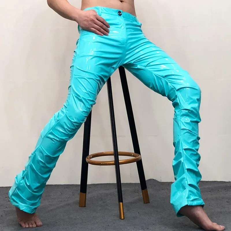 Men Costumes PU Flare Pant Nightclub Streetwear Shinny Sexy Leather Pant New Erkek Pantolon Men Sky Blue Pant Pleated Trouser