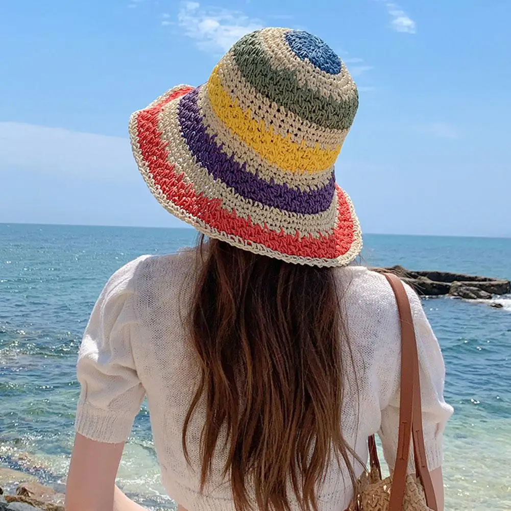 New Popular Summer Beach Bucket Hat Cap For Women Crochet Straw Rainbow Spring Fish Hat Outdoor Female Lady Gift Wholesales