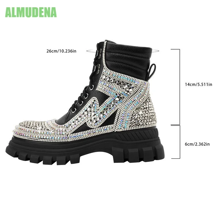 Women Rhinestone Ankle Boots Chunky Thick Sole Leather  Lace Up Side Zipper Sparkling Crystal  Solid Black Streetwear Footwear