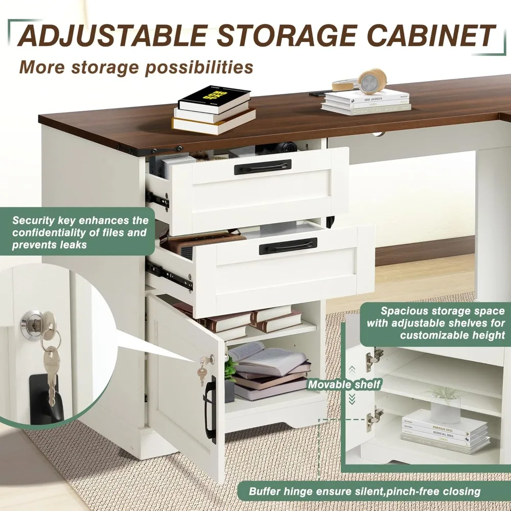 مكتب تنفيذي على شكل حرف L مقاس 60 بوصة من TITIMO مع أدراج، مكتب منزلي للمزرعة مع محطة شحن، مكتب كمبيوتر زاوية خشبية مع