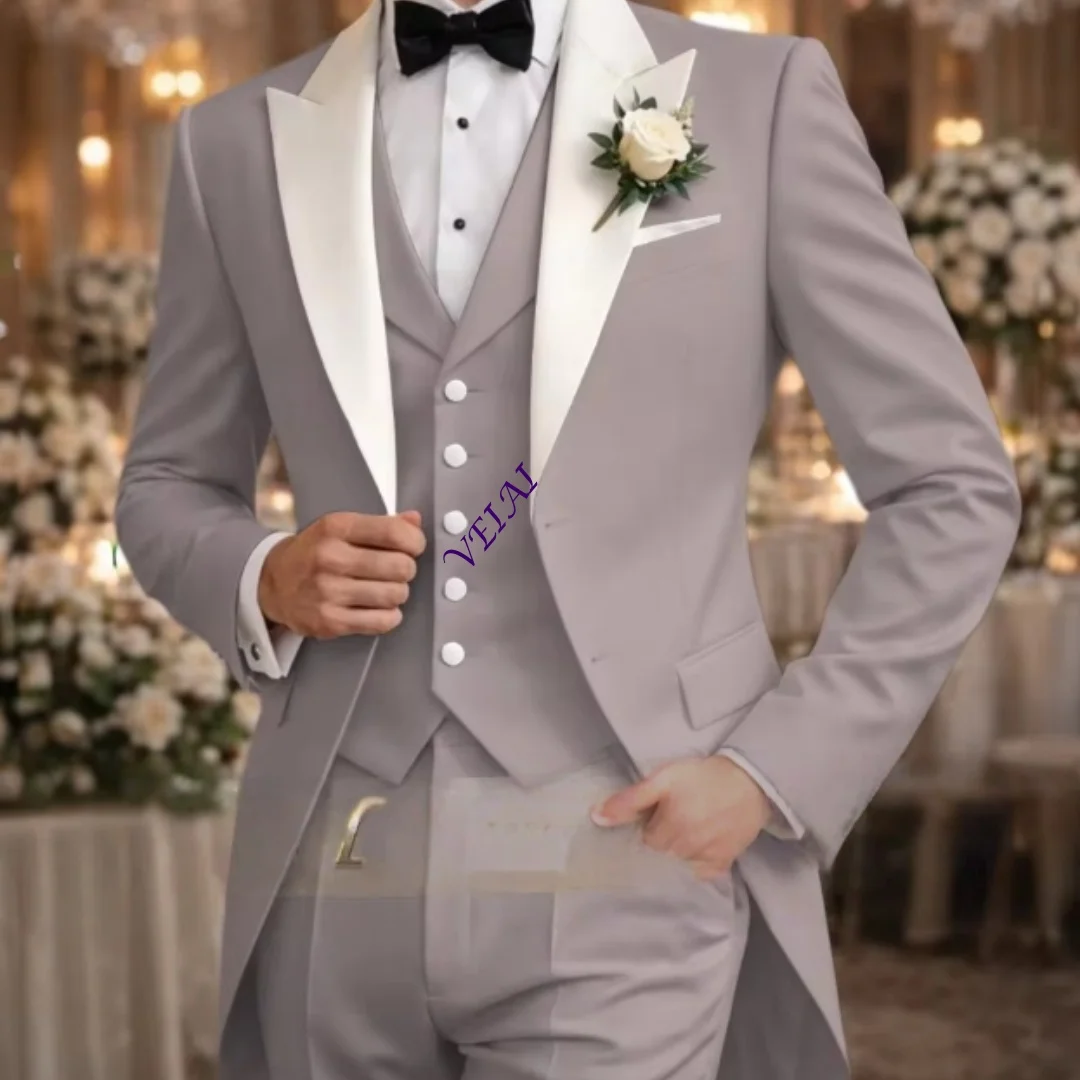 Customized Elegant burgundy men's three-piece suit set with ivory peak lapel jacket vest pants custom-made tuxedo for wedding gr
