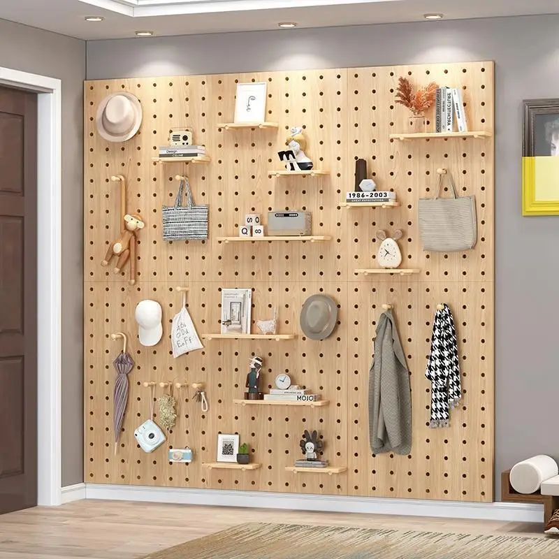 Solid wood hole board wall shelf living room wall hanging baffle storage rack background wall simple wooden bookshelf