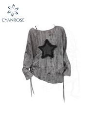 Women Grey Star T-Shirt Korean Y2k Torn T-Shirt 90s Fashion Vintage Tee Top Long Sleeve Emo 2000s Aesthetic T Shirts 2023 Autumn
