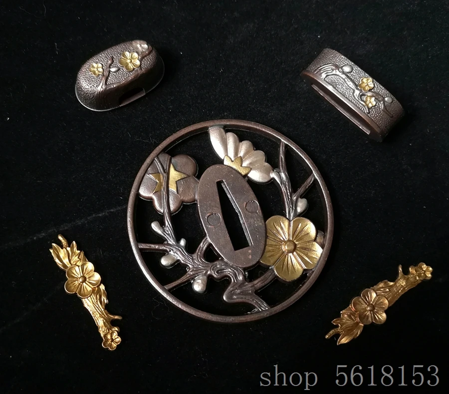 Hige Copper flower tsuba and dragon fuchi menuki  for Japanese Sword katana