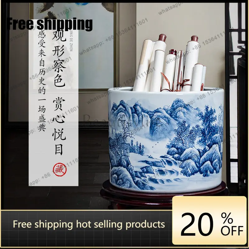 HOT Jingdezhen ceramics blue and white porcelain painting and calligraphy tank hand-painted vase storage bucket ornament
