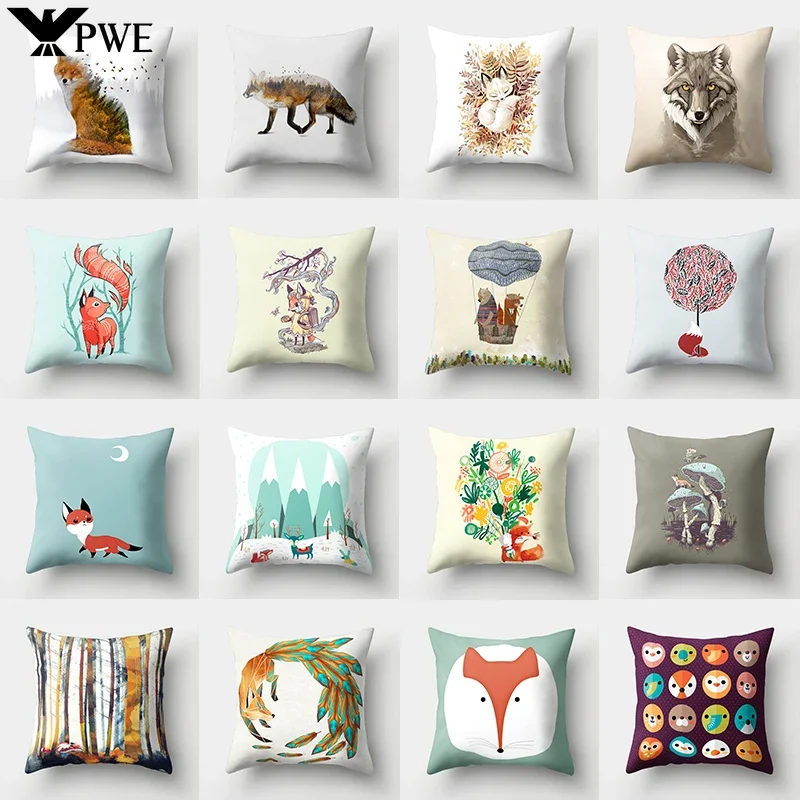 

45x45cm Fox Animal Polyetser Pillowcase Sofa Home Decoration Cartoon Bird Landscape Cushion Cover Living Room Pillow Case