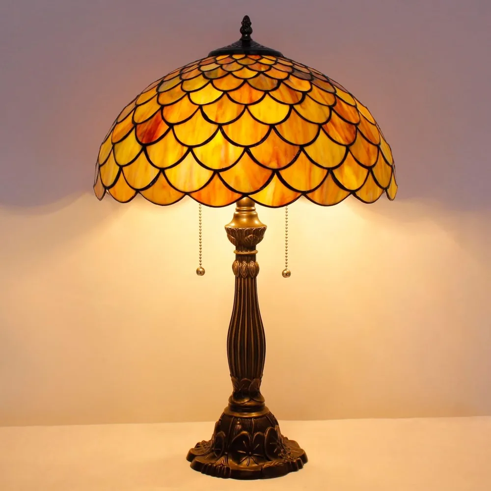 مصباح طاولة تيفاني من الزجاج الملون على طراز قشور السمك مصباح قراءة عتيق للمكتب مقاس 16 × 16 × 24 بوصة ديكور لغرفة النوم وغرفة المعيشة والمنزل #4