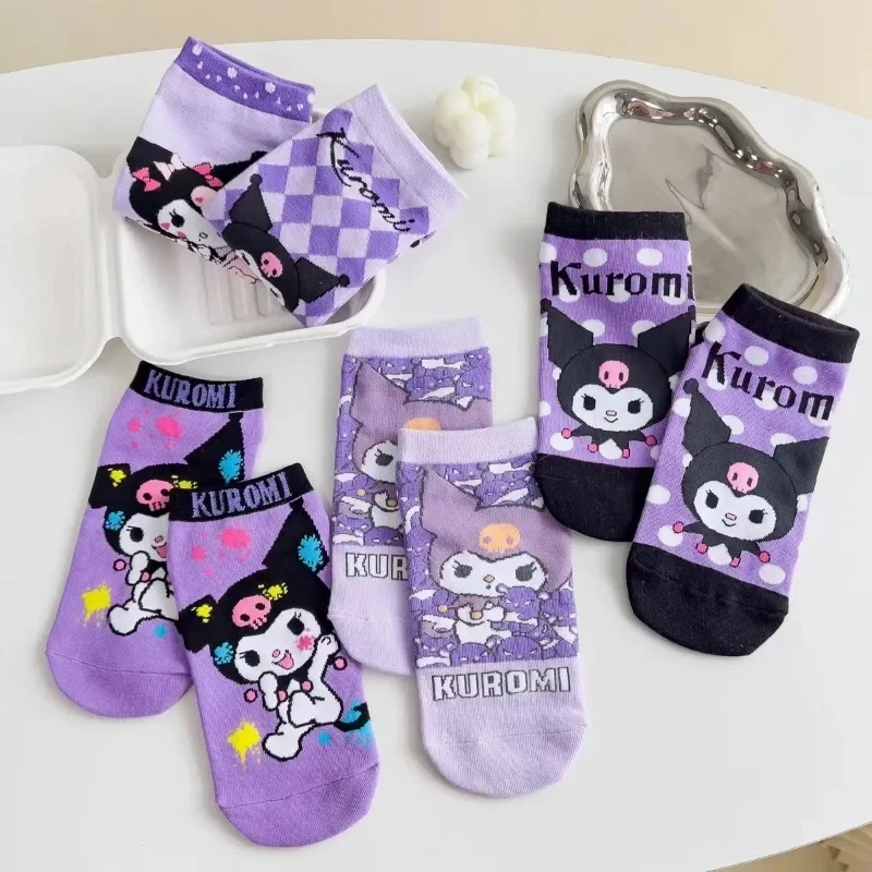ถุงเท้าสีม่วง Sanrio Kuromi น่ารัก 5 คู่ กางเกงขาสั้นนุ่มสบาย ถุงเท้าการ์ตูนสาเหตุสําหรับผู้หญิงในทุกวัน
