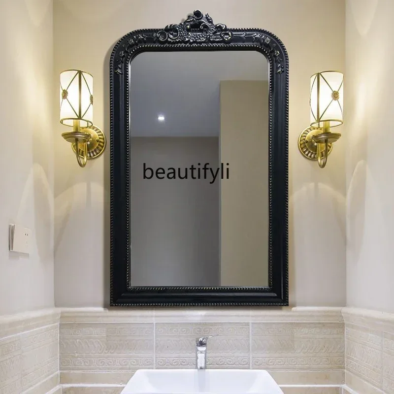 xx1French engraved bathroom mirror LED light anti-fog retro mirror wall-mounted bathroom mirror square