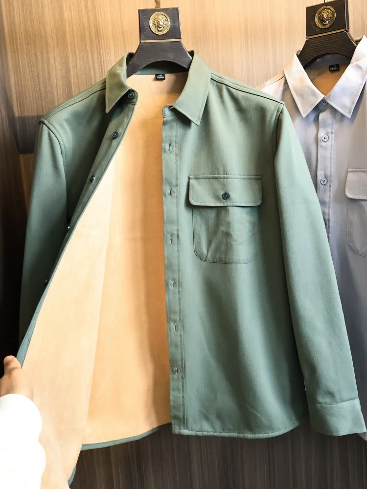 

Men's Busin Long Sve irt Fce Lined Thiened Collar Pure Color Autumn Winter Faion Urban Sle Stand Fit Cotton