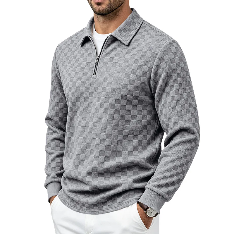Men's Spring Autumn Half-Zip Collar Checkered Long-Sleeve Polo Shirt Hoodies