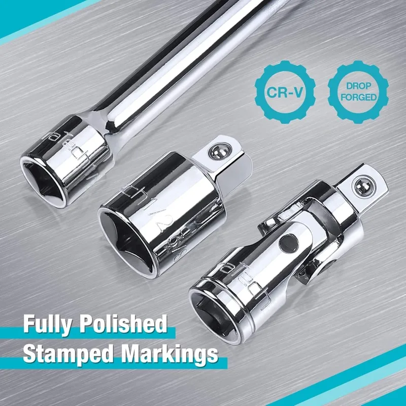 22-Piece Drive Tool Accessory Set, Including 1/4 3/8 1/2 Extension Bars, Socket Adapters, Universal Joints, Spark Plug