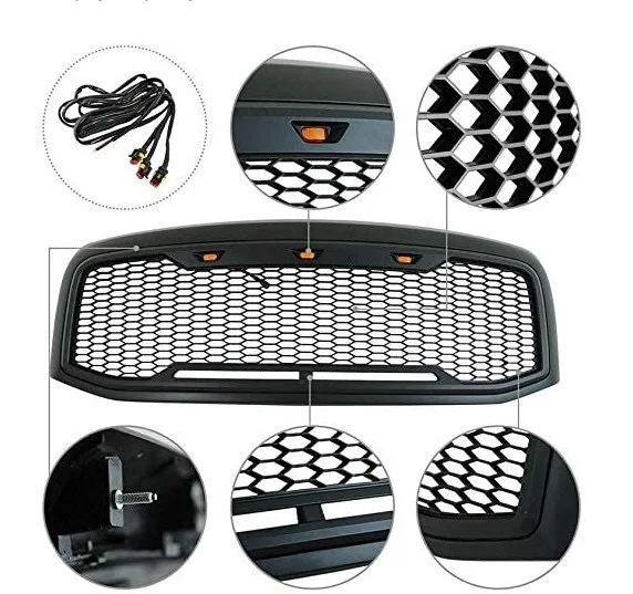 Grade dianteira do carro para Dodge Ram 1500 2013 2014 2015 2016 2017 2018, capô superior favo de mel, luz LED