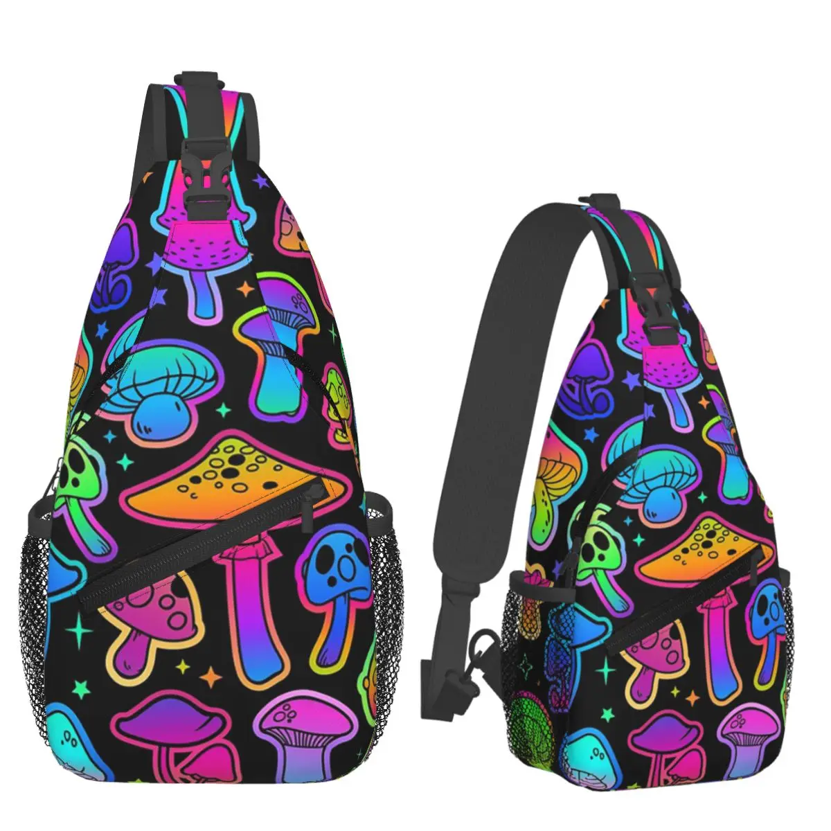 Psychedelic Magic Rainbow Mushrooms Trippy Chest Bag Men Sling Crossbody Backpack Chest Bag Travel Hiking Daypack Shoulder Bag