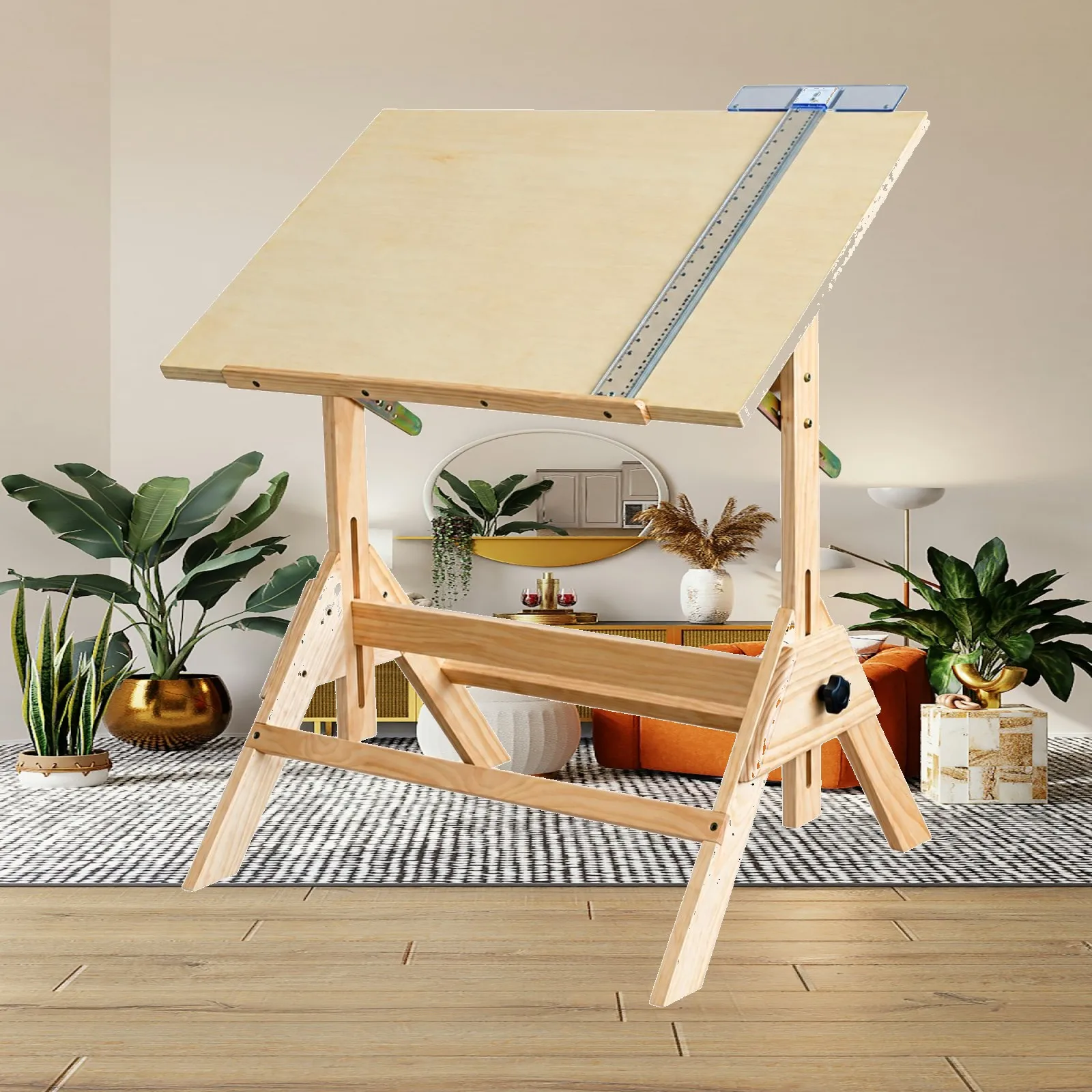 Wooden Drawing Table with Tilting Surface and Raise Feature for Painting Drafting Studio Desk