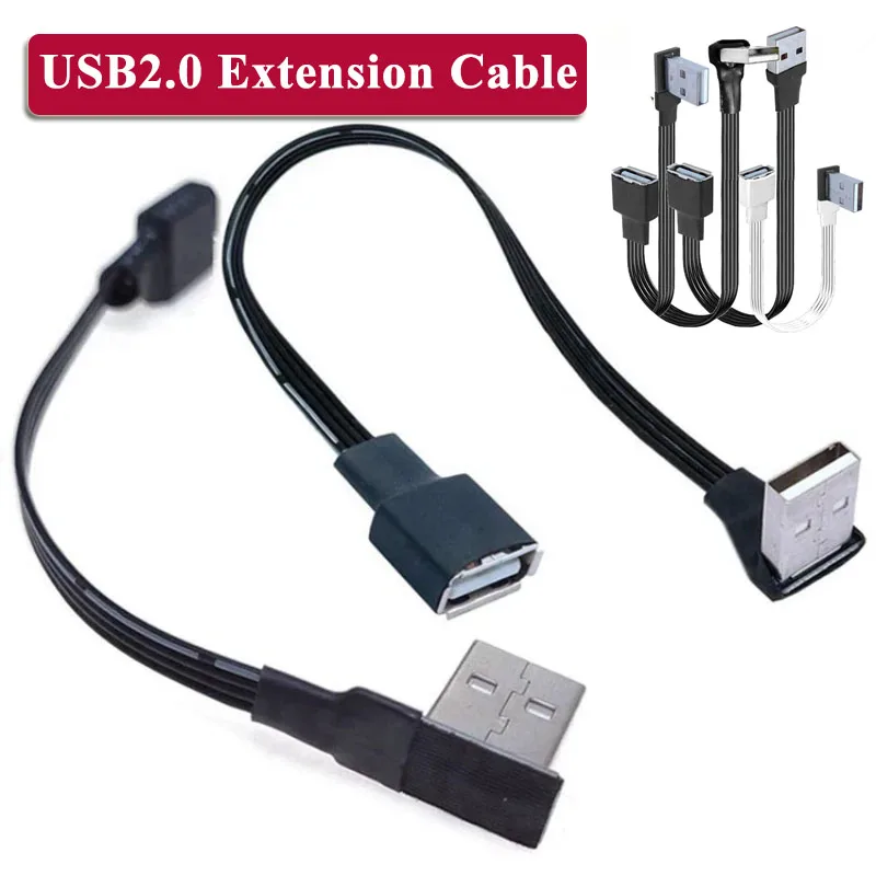 USB Male to Female Extension Cable Elbow 90 Degree Right Angle Soft Silicone Flat Wire USB2.0 Elbow Charging Data Cord Extender