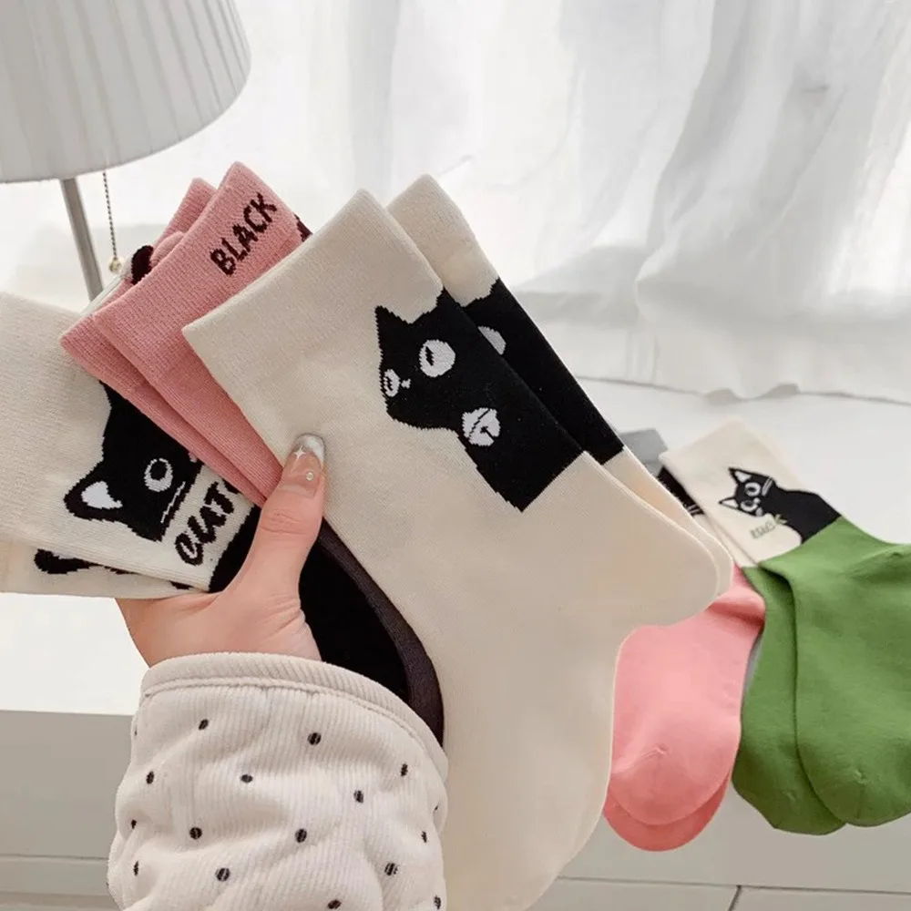 

5 Pairs Cartoon Cat Women Cotton Spring Summer Socks Set Autumn Female Lady Girls Middle Tube Cute Student Socks For Women Girl