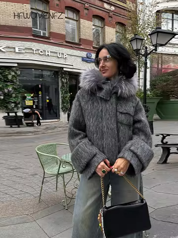 Casual Fur Collar Woolen Hoodie Women Coats Solid Full Sleeve Pocket Zippers Female Jacket 2025 Autumn Winter Lady Outwear