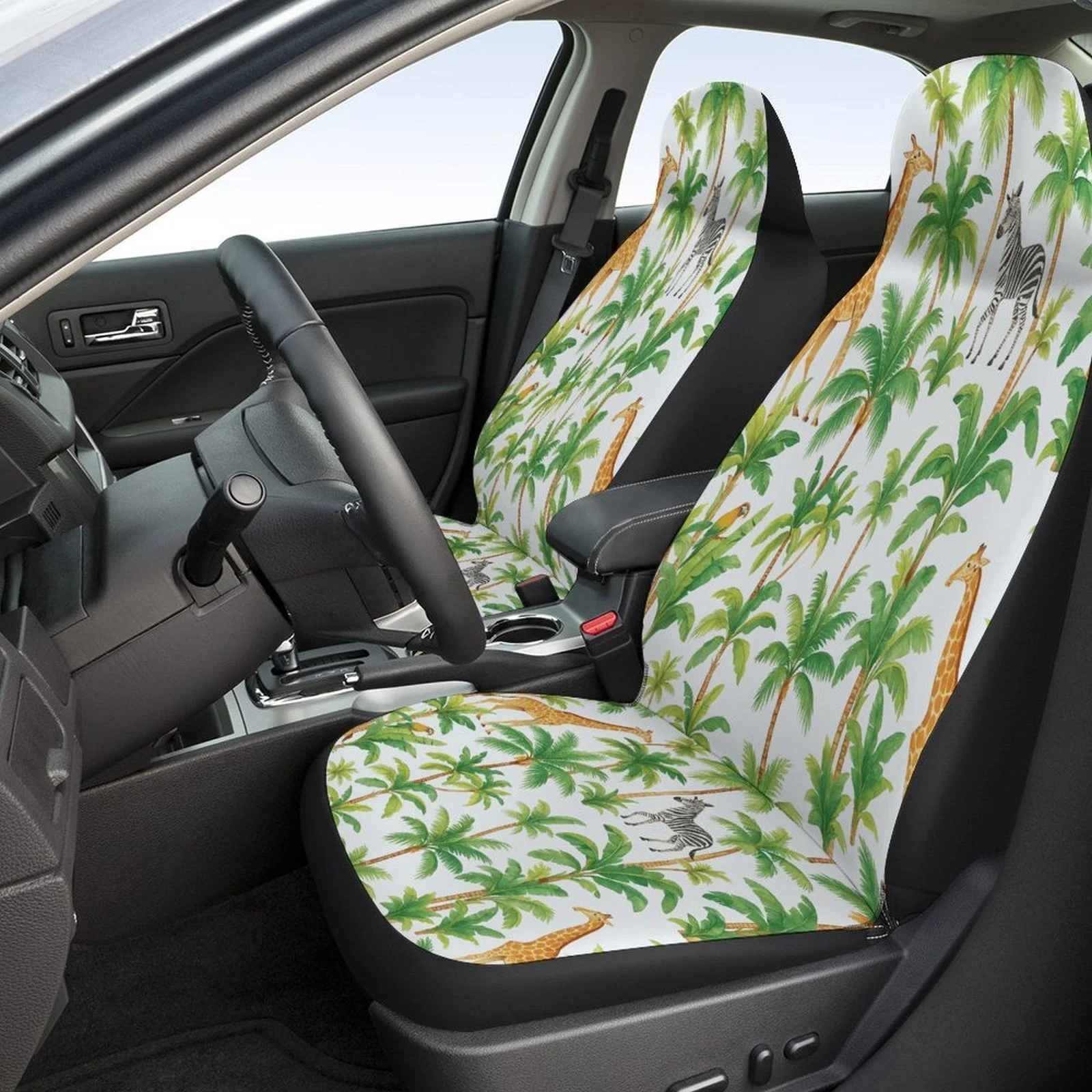 Jungle Animals Scene Themed Car Seat Cover Set For Most Cars, Trendy Novelty Car Seat Protector Covers Full Set, Car Seat Cover