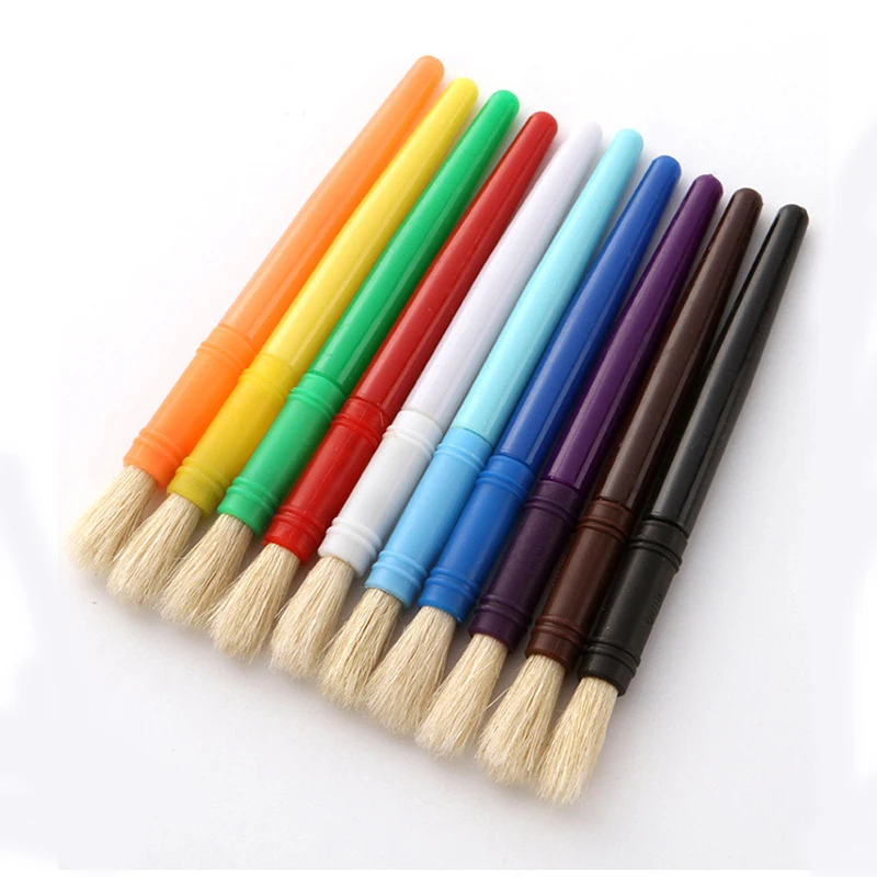 10pcs Round Children Hog Bristle Tempera Paint Brush Set Fun Kids Party School Student Class Craft Painting for Beginner Artist