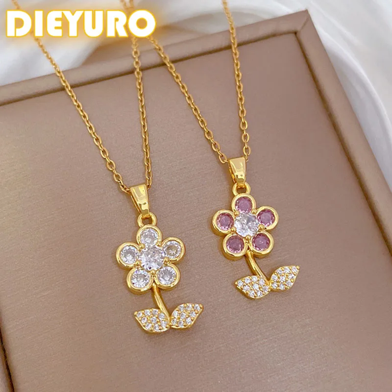 DIEYURO 316L Stainless Steel Fashion Pink Leaf Five Petal Flower Pendant Necklace For Women New Clavicle Chain Jewelry Gift