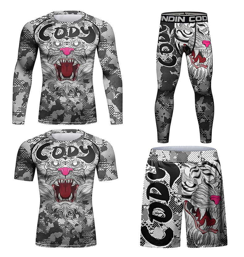 

Jiu Jitsu Rashguard Men MMA T-shirt +Shorts 4pcs/set Boxing Rash Guard Sportwear Gym Compression Bjj Gi Kickboxing Clothing