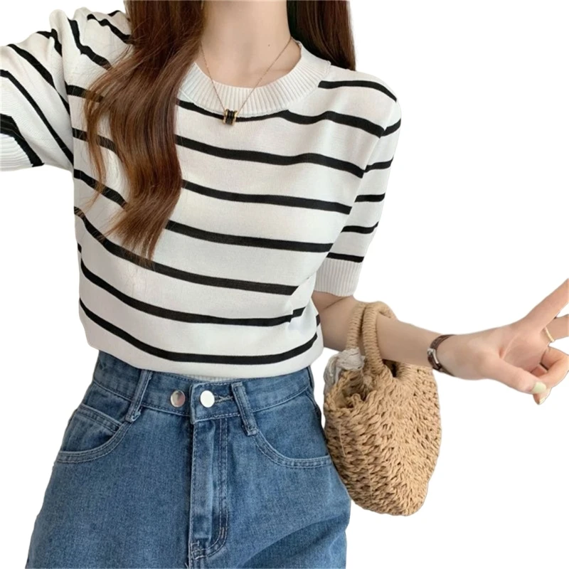 Trendy Striped Knit Shirt Flattering Fit Versatile Short Sleeve Tops for Various Outfits and Occasions Dropship