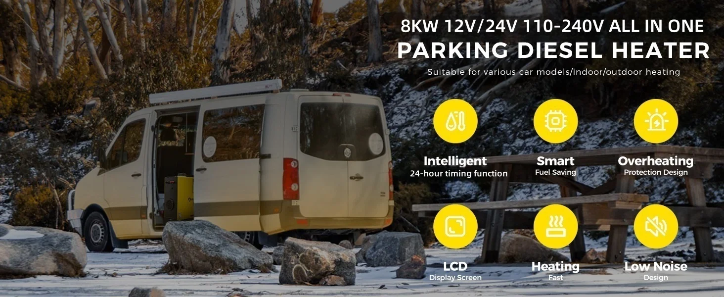 8KW Diesel-Luftheizung 12V 24V 220V, LCD-Panel & Fernbedienung All-in-One Standheizung mit Netzteil für Auto, Wohnmobil, Garage – Detail 1