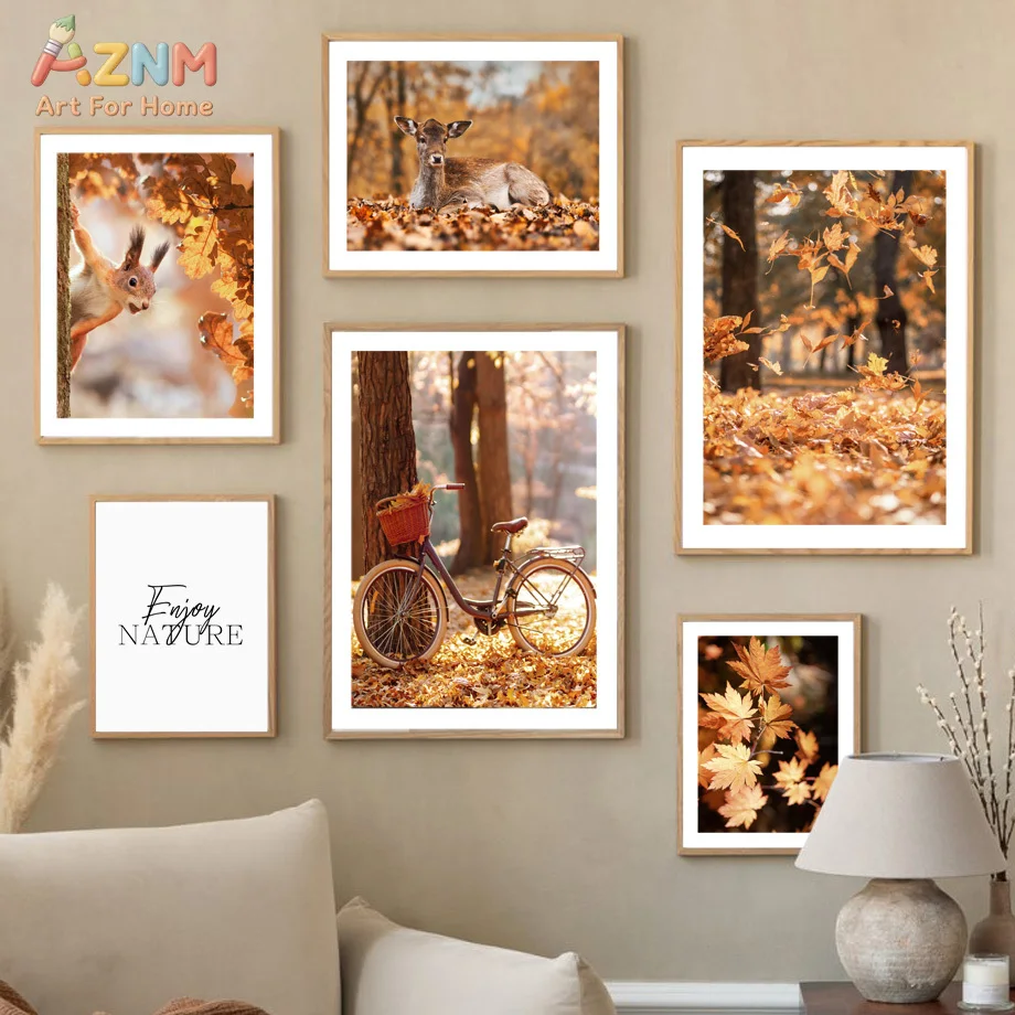 AZNM Autumn Maple Leaf Deer Canvas Wall Art, Orange Fall Forest Squirrel Bicycle Print, Frameless Warm Nature Seasonal Canvas Pa