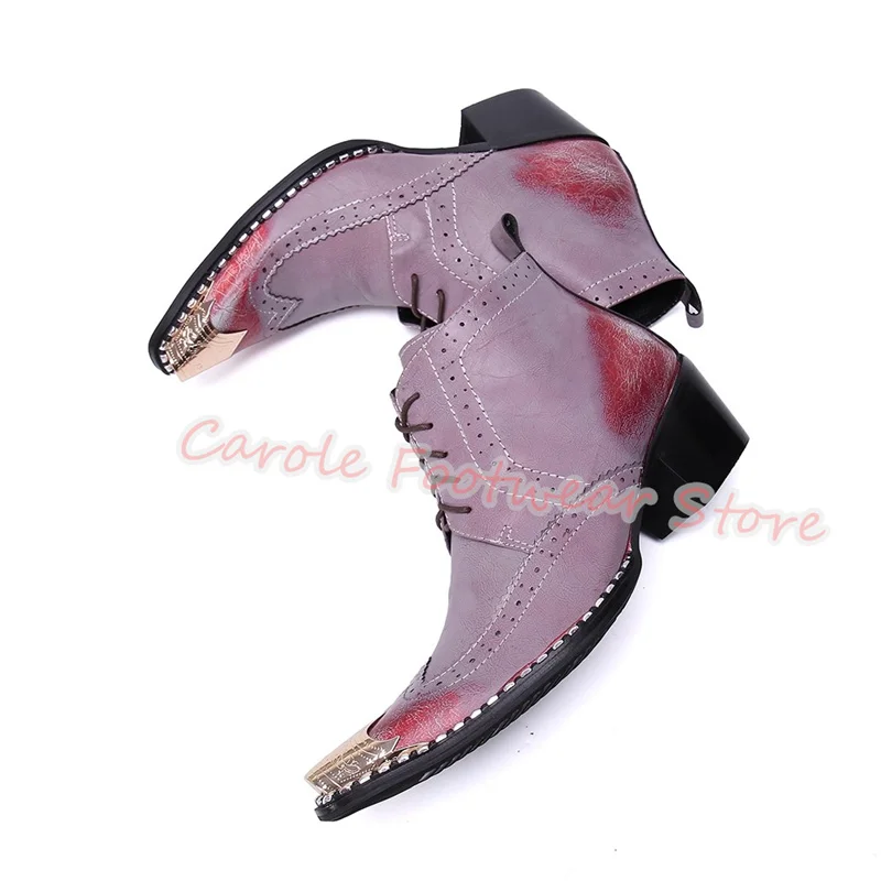 

British Style Metal Square Toe Carving Brogue Boots for Men Mixed Color Rivet Decor Chunky Heel Chelsea Boots Male Lace-Up Boots