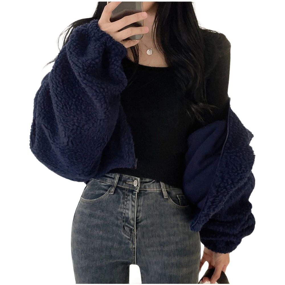 Women Jackets for Autumn Winter Thickened Loose Fit Stand Collar Cropped Sweatshirt Coat with Long Sleeves and Zip