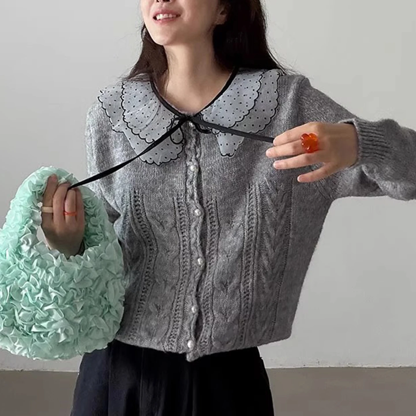 

Sweet Detachable Polka Dot Doll Collar Twist Knit Sweater Women's New Autumn 2025 Knitted Open Cardigan Sweater Coat