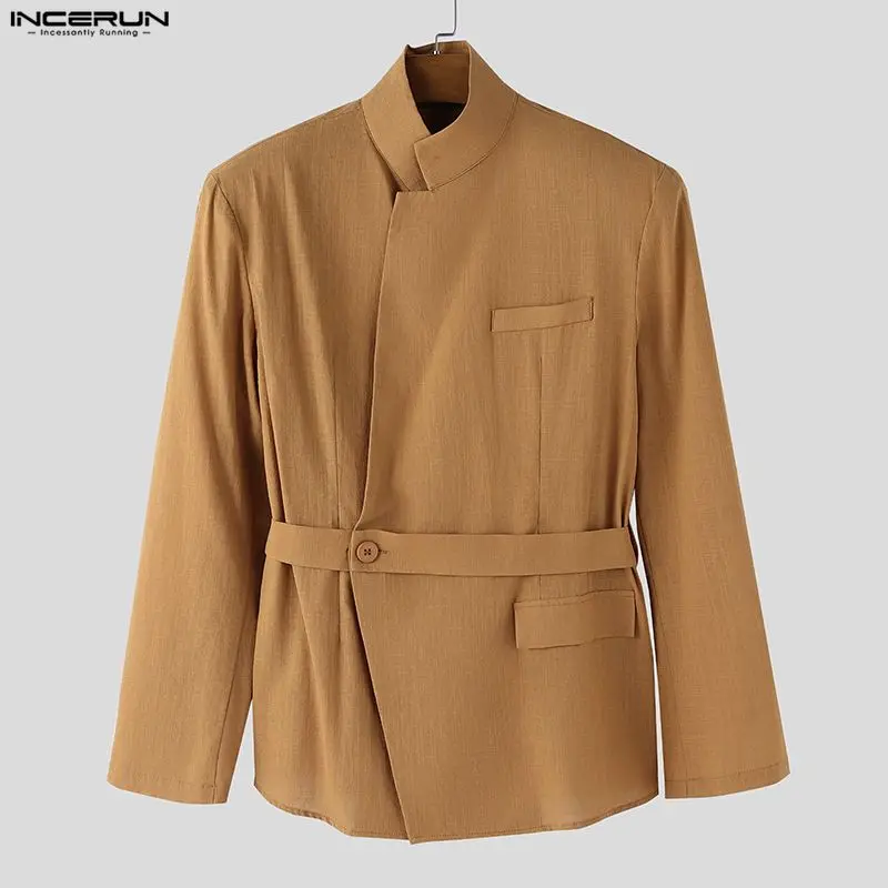INCERUN قميص رجالي بلون سادة وياقة واقفة وأكمام طويلة وأزرار ملابس رجالية قطنية ملابس خروج عصرية قمصان رجالي غير رسمية