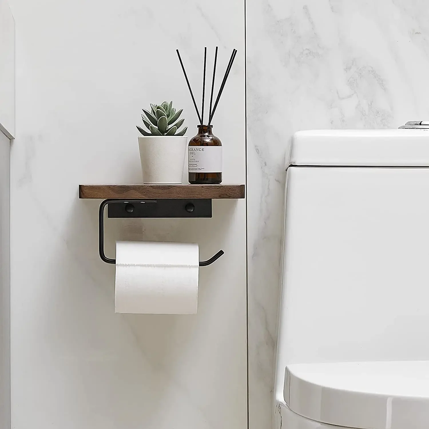 HeMu No Drill Walnut Wood Toilet Paper Holder with Shelf – Wall Mounted Tissue Roll Hanger with Phone Shelf for Bathroom