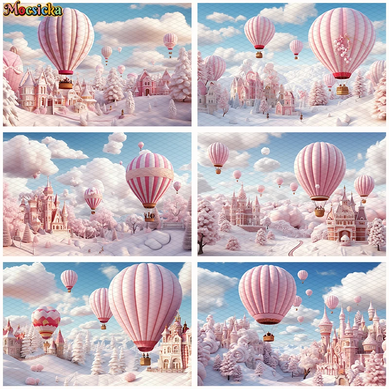 Christmas Photography Backdrop Pink Hot Air Balloon Castle Kids Cake Smash Background Newborn Portrait XMAS Snow Studio Props