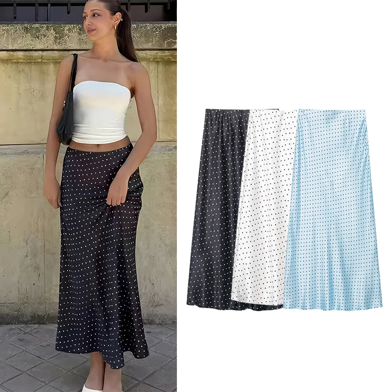 Women's Skirts Fashion Satin Polka Dot Print Midi Skirt Summer Women Elastic Waist and High Waist Skirts Female Elegant Skirts