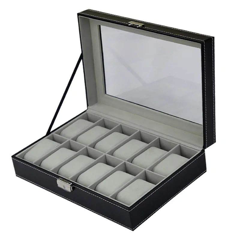 

6-10-12 Slot Watch Organizer Box with Glass Top and Large Removable Pillows, Elegant Watch Case for Men and Women