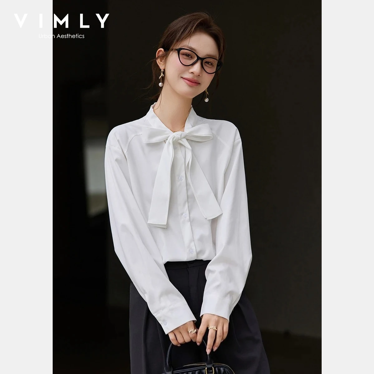 

VIMLY Women's Elegant Crew Neck Shirt 2026 Spring New Versatile Minimalist White Bow Tie Neck Commute Long Sleeve Blouse 30655